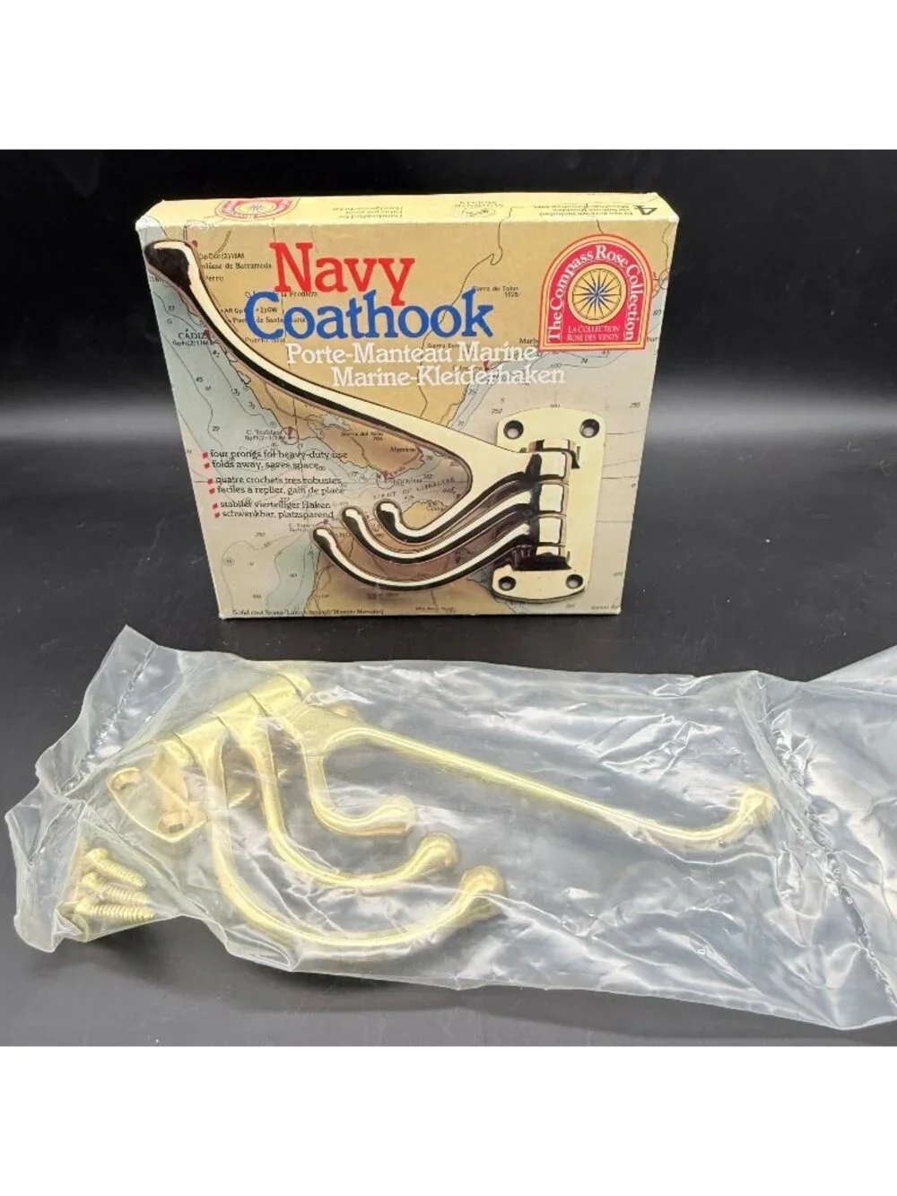 Vtg Compass Rose Collection Solid Brass 4 Arm Folding Navy Coat Hook New NOS